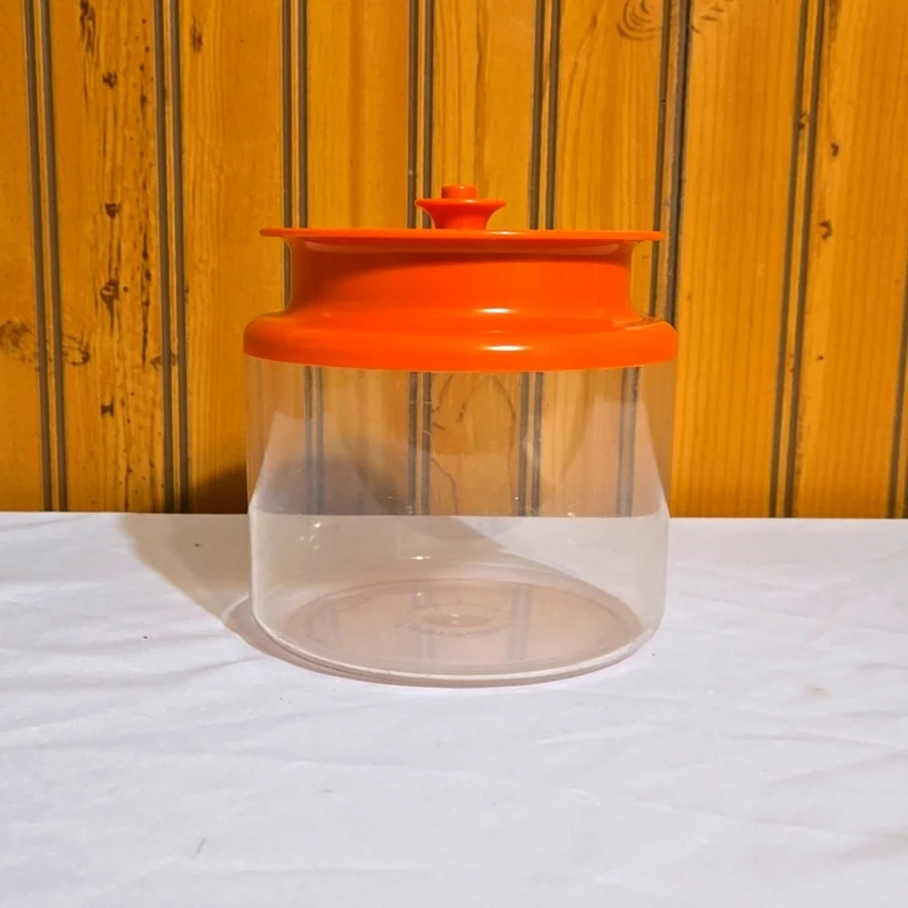 Vintage Tupperware 1477, Clear Acrylic Canister, Orange, Sealable Plunger Top